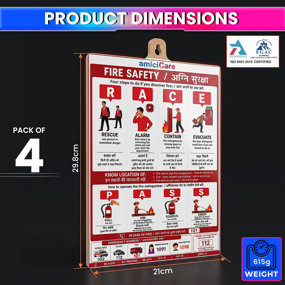 Fire Safety Instruction Sign Board for Home & Office English & Hindi Fire Safety Guide Pack of 4