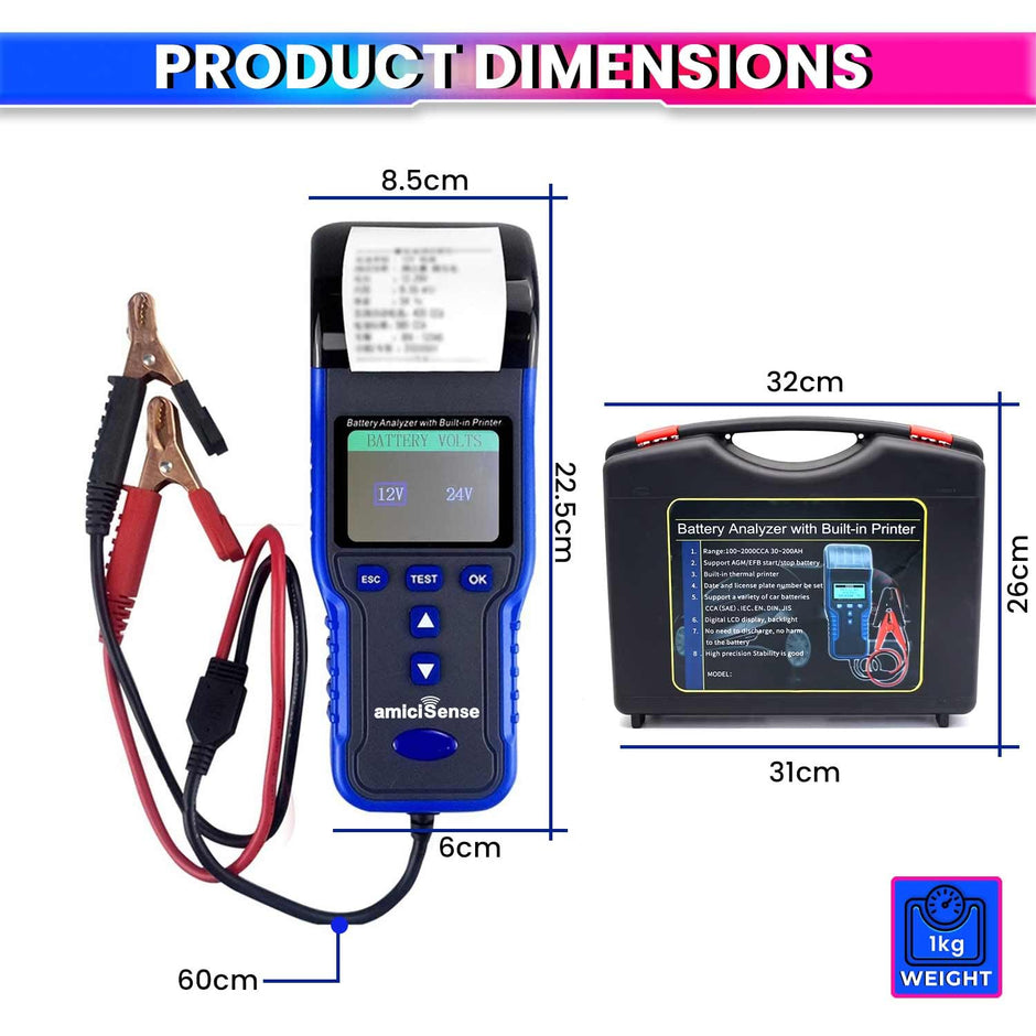 Car Battery Analyzer, 100~2000 CCA Battery Auto Cranking and Charging State Tester, 12/24V Battery Health Test amiciKart