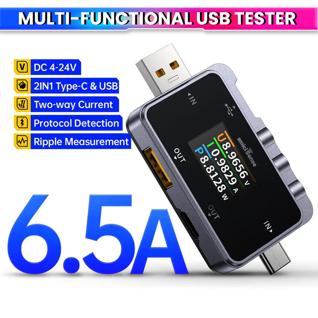 2-in-1 Type-C USB Voltage Tester & Power Meter Fast-Charge & Temperature Display with Data Storage