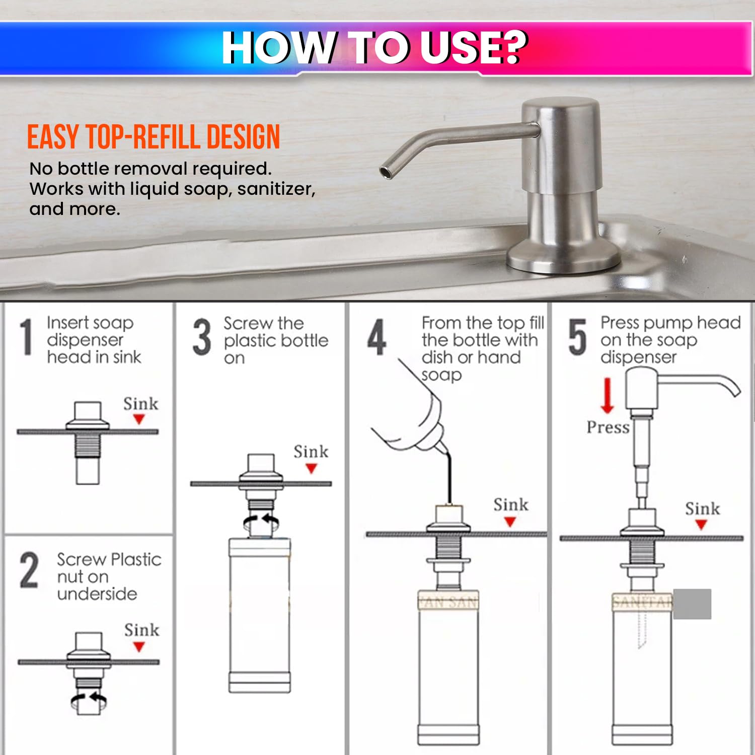 Kitchen Sink Soap Dispenser with 360° Rotating Pump & 300ml Bottle (SS Steel)