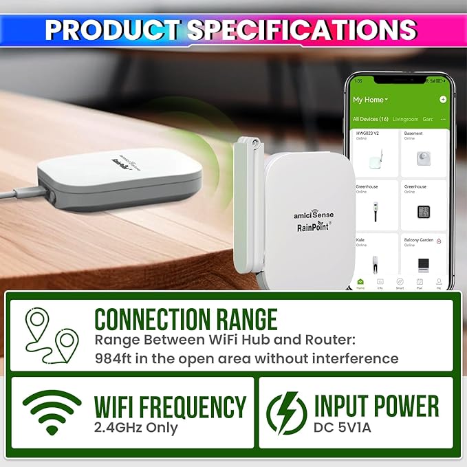 WiFi Gateway Hub Gen2 – 2.4GHz with 853ft Range | Supports 39 Devices | App Controlled | RainPoint