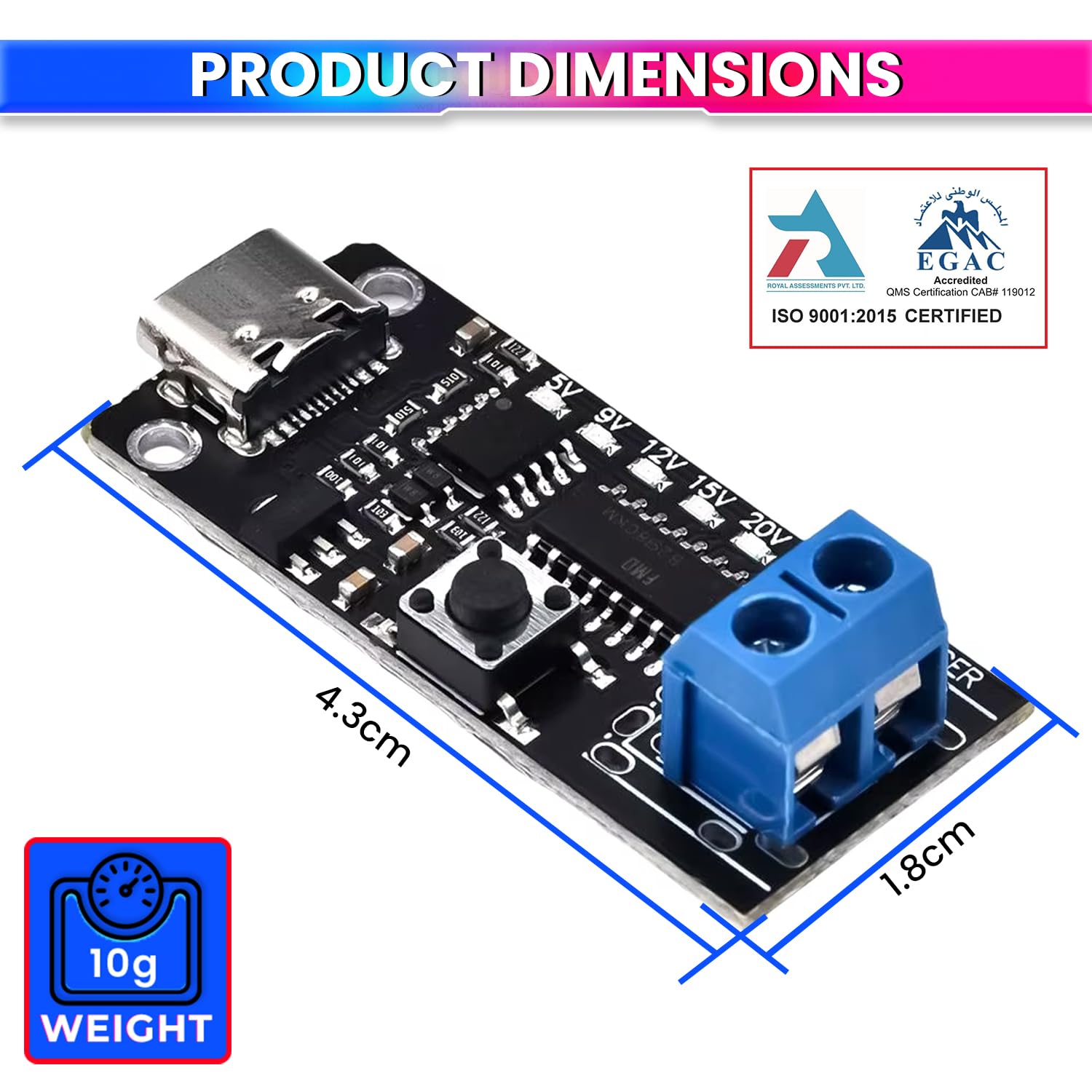 USB-C PD Trigger Module 100W 5A | 5V-20V Adjustable Output with LED