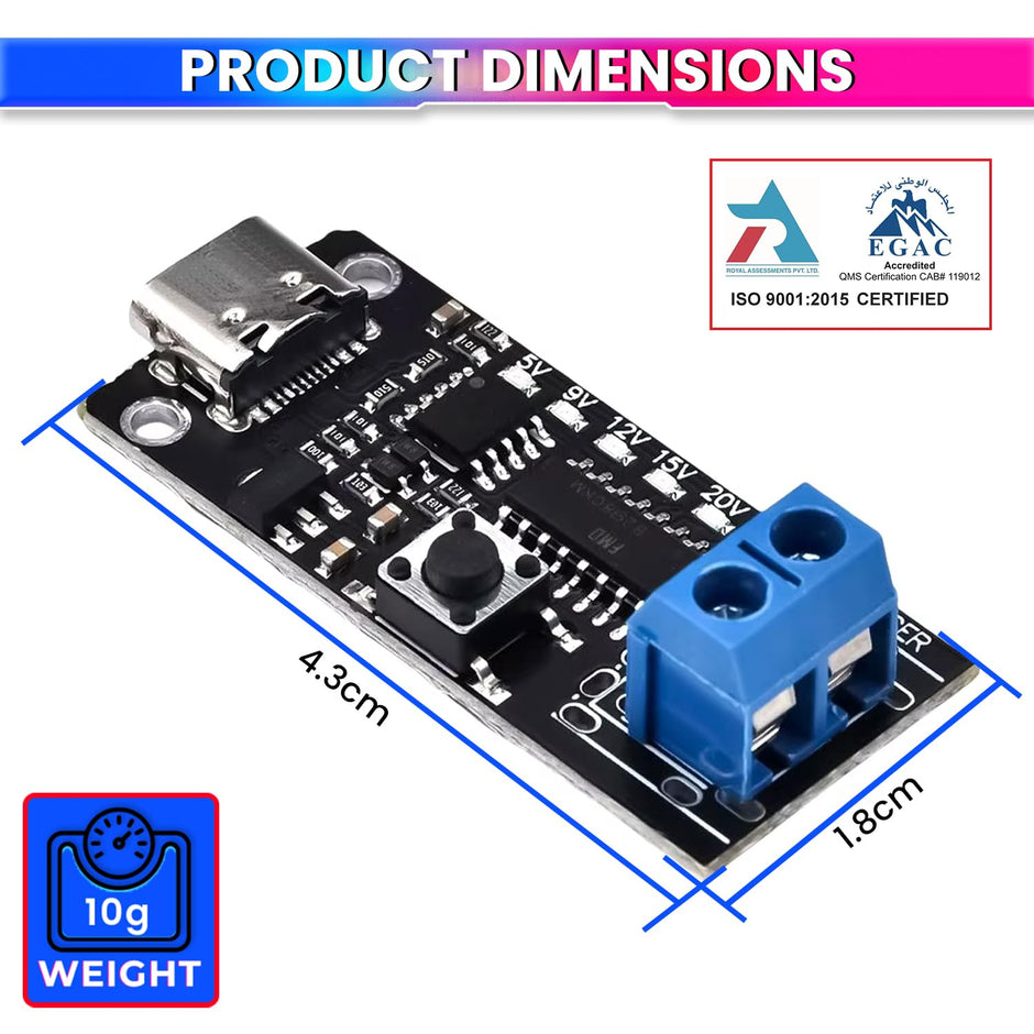 USB-C PD Trigger Module 100W 5A | 5V-20V Adjustable Output with LED
