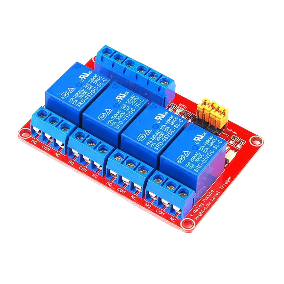 4 Channel 5V Relay Module with Optocoupler – High/Low Trigger for Arduino & Microcontrollers