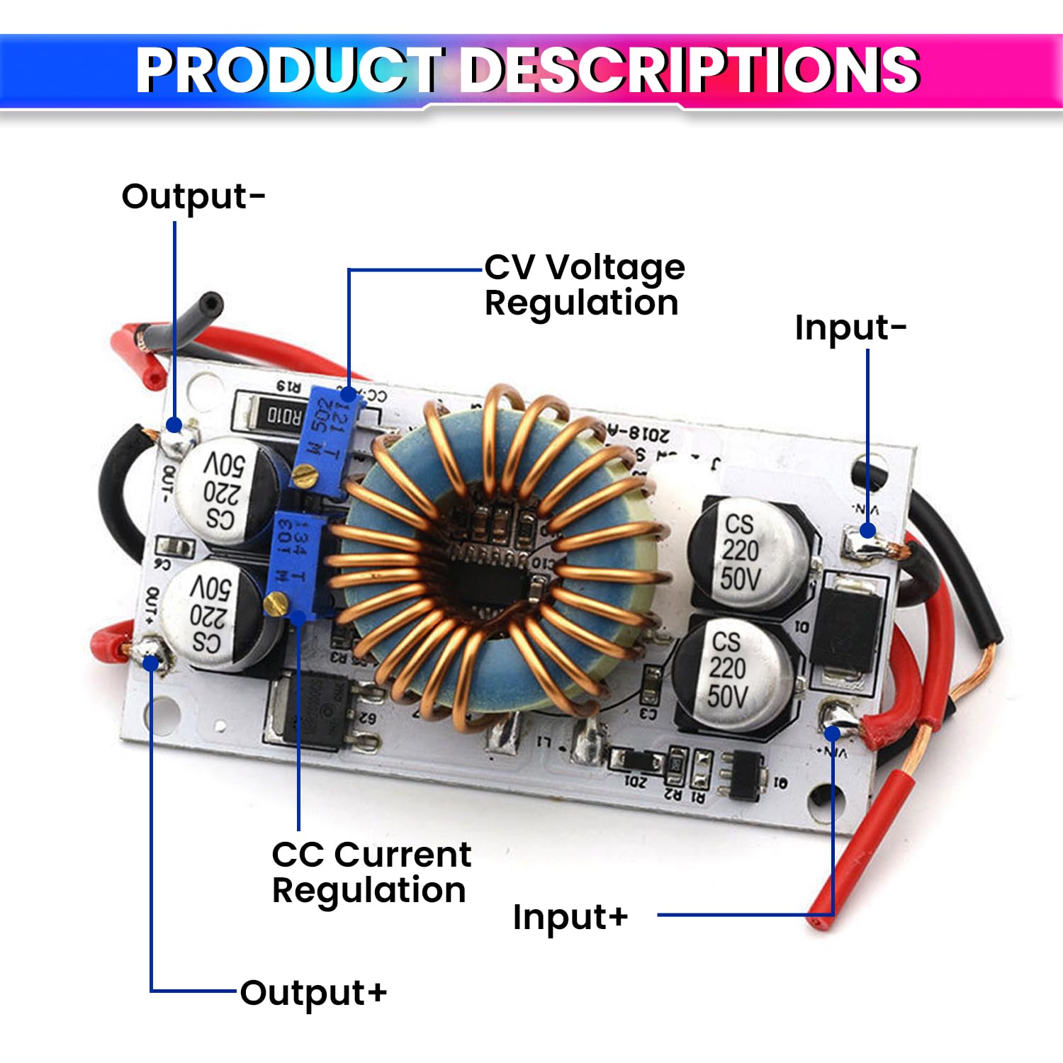 amiciSolar 10A Boost Converter, 8-48V Input to 12-50V Adjustable Output Step-Up Module with Over-Current & Reverse Protection