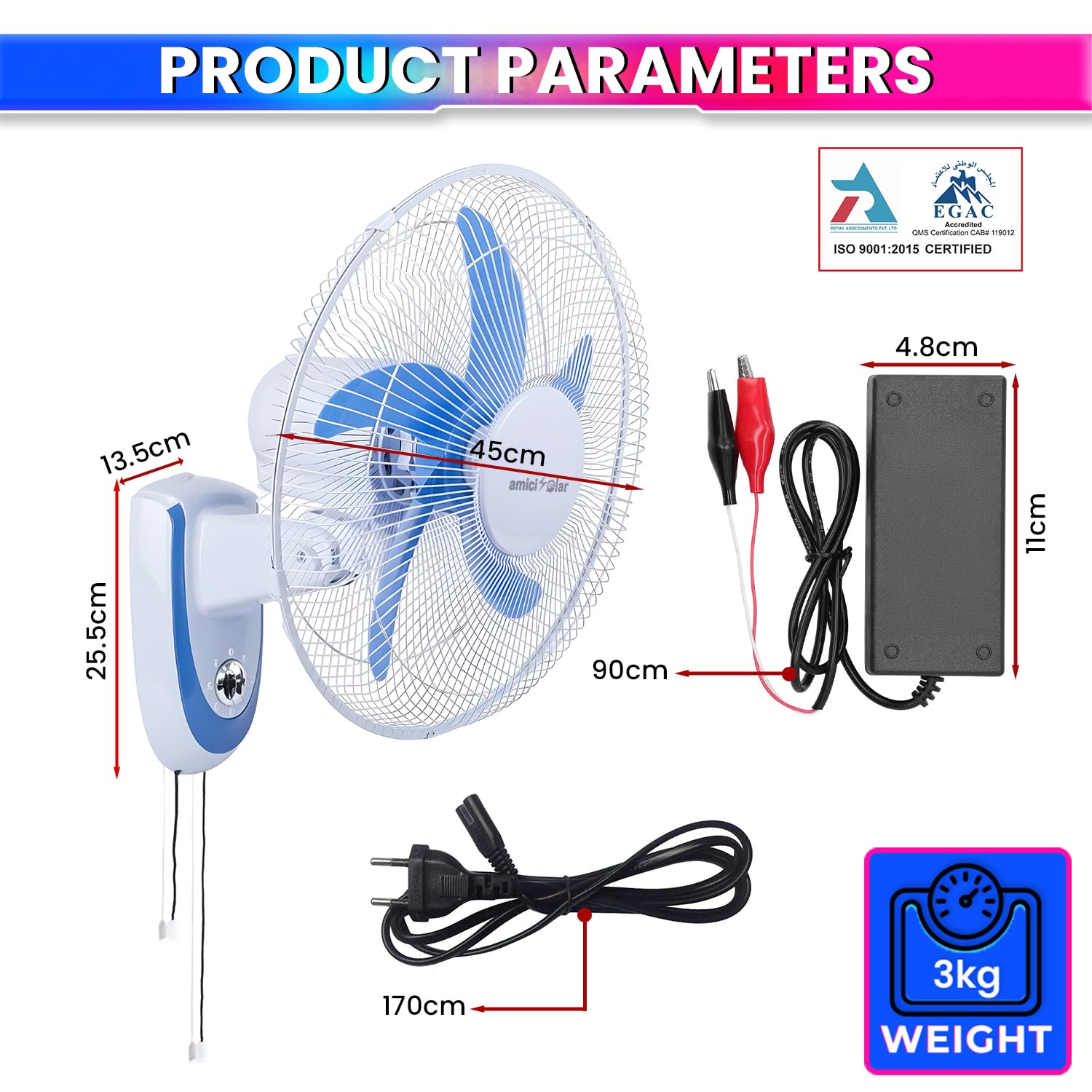 16-Inch BLDC Wall Mounted Rechargeable Fan with 12V 6.4Ah Lithium Battery | Dual Power AC/DC Fan