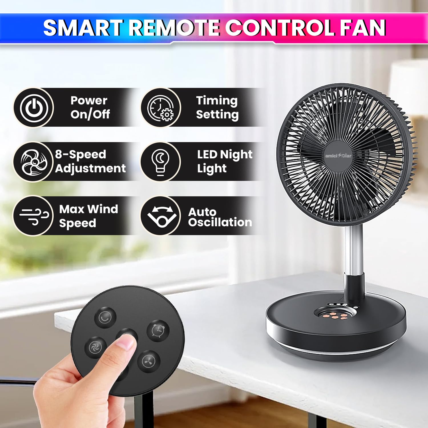 10-Inch Telescopic Rechargeable Stand Fan – 8-Speed Folding Fan with Remote & 9000mAh Battery
