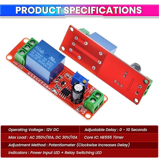 NE555 Timer Switch Module 12V DC – Adjustable Delay Relay Board 0–10s with Potentiometer & LEDs amiciKart c0tmiz-hs.myshopify.com