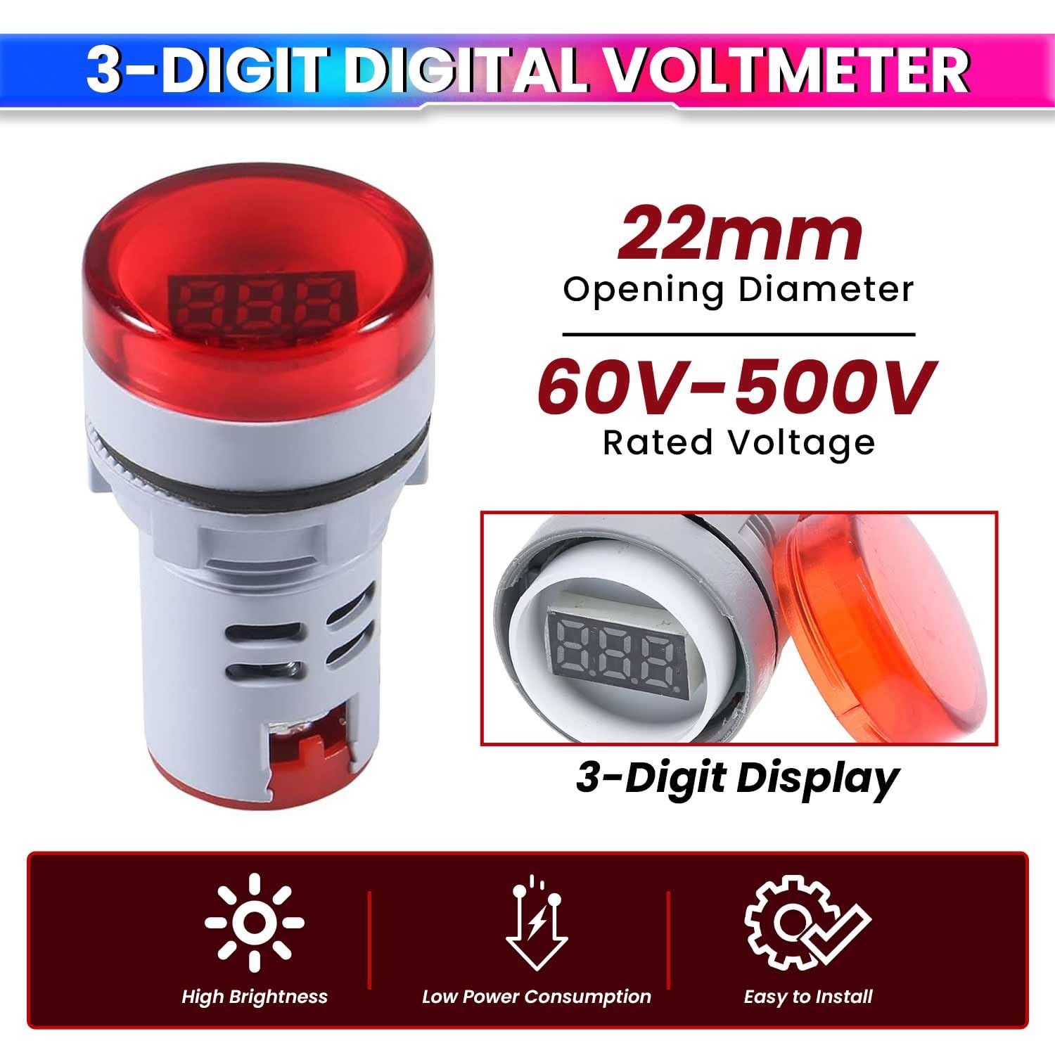 amiciSense 3-Digit Digital Voltmeter, 60-500VAC Voltage Range, Compact and Accurate Voltage Display