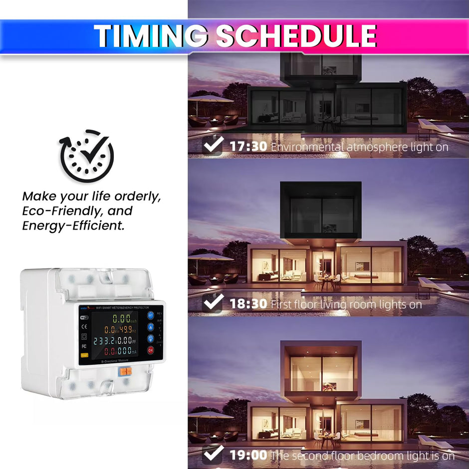 amiciSmart WiFi Bi-Directional Energy Meter with Adjustable Over/Under Voltage, Overload & Leakage Protection, Auto Reconnect, Single Phase 220VAC,80A