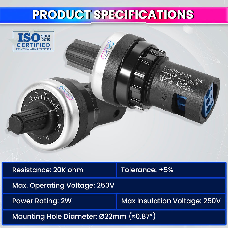 Rotary Potentiometer Switch 22mm Panel Mount for Speed & Power Control for Motors, Inverters and DIY Projects