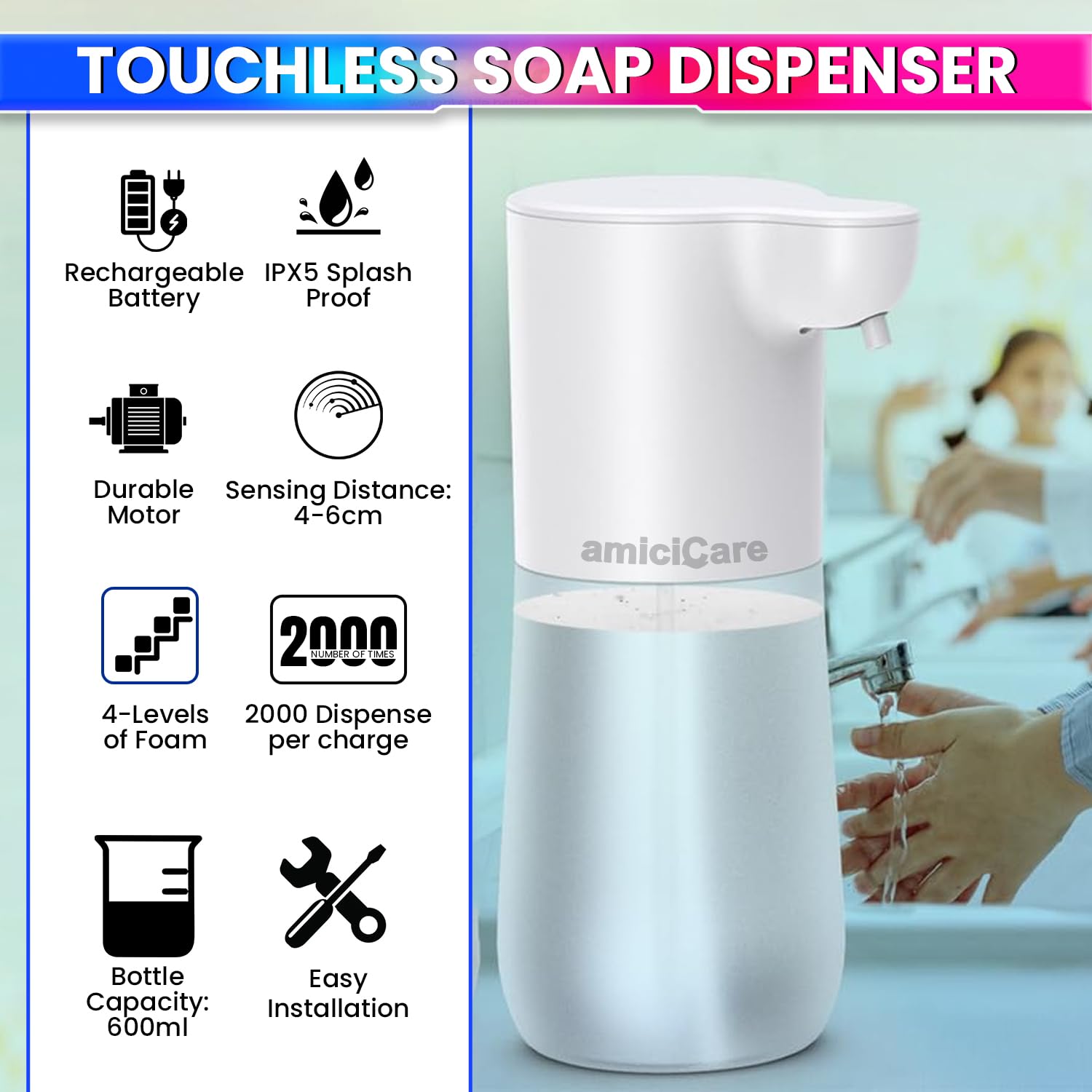 Touchless Foam Soap Dispenser Type-C Rechargeable |4 Dispense Modes | 600ml
