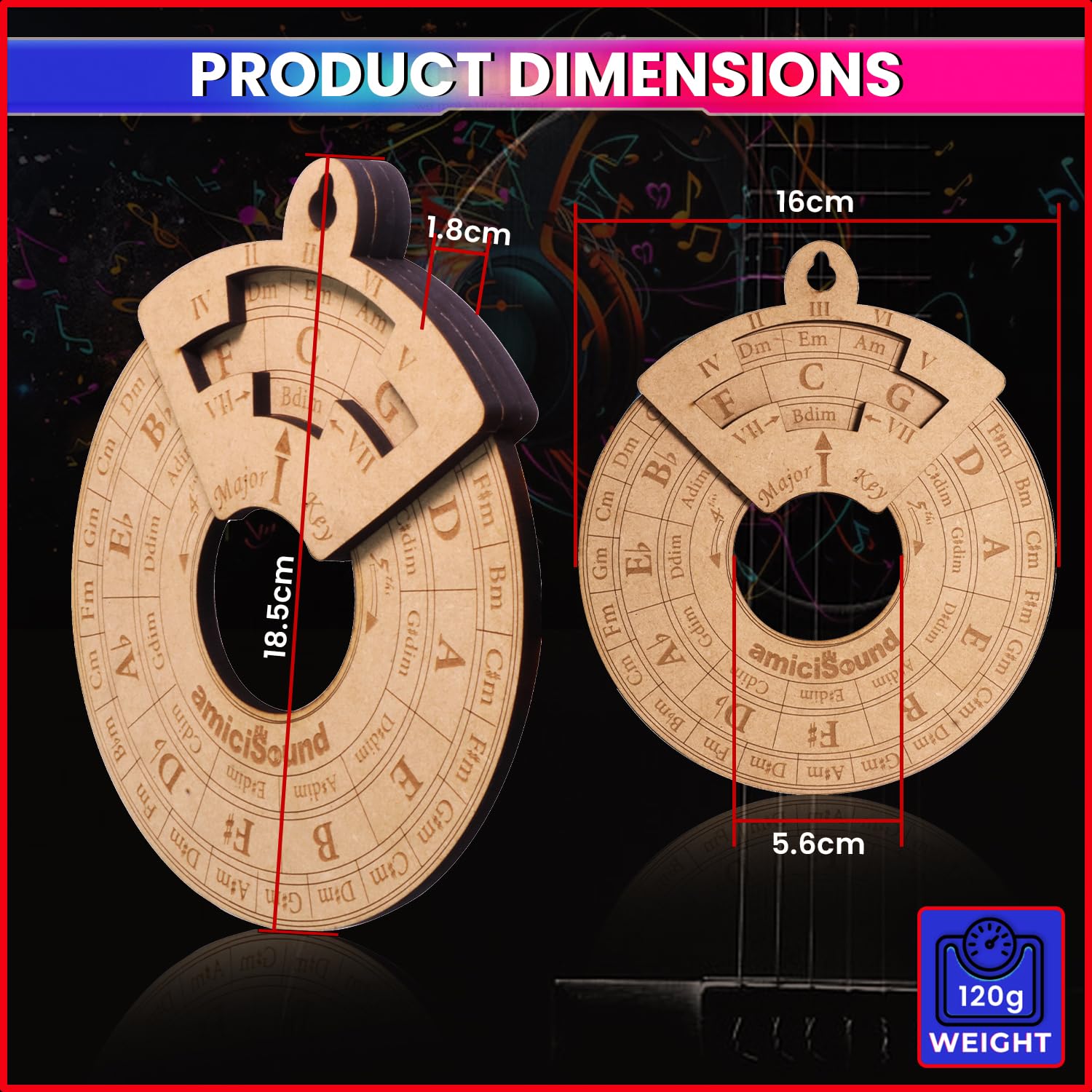 amiciSound Circle of Fifth Wheel for Music Theory Reference, Wooden Melody Tool for Song-Writer Musician