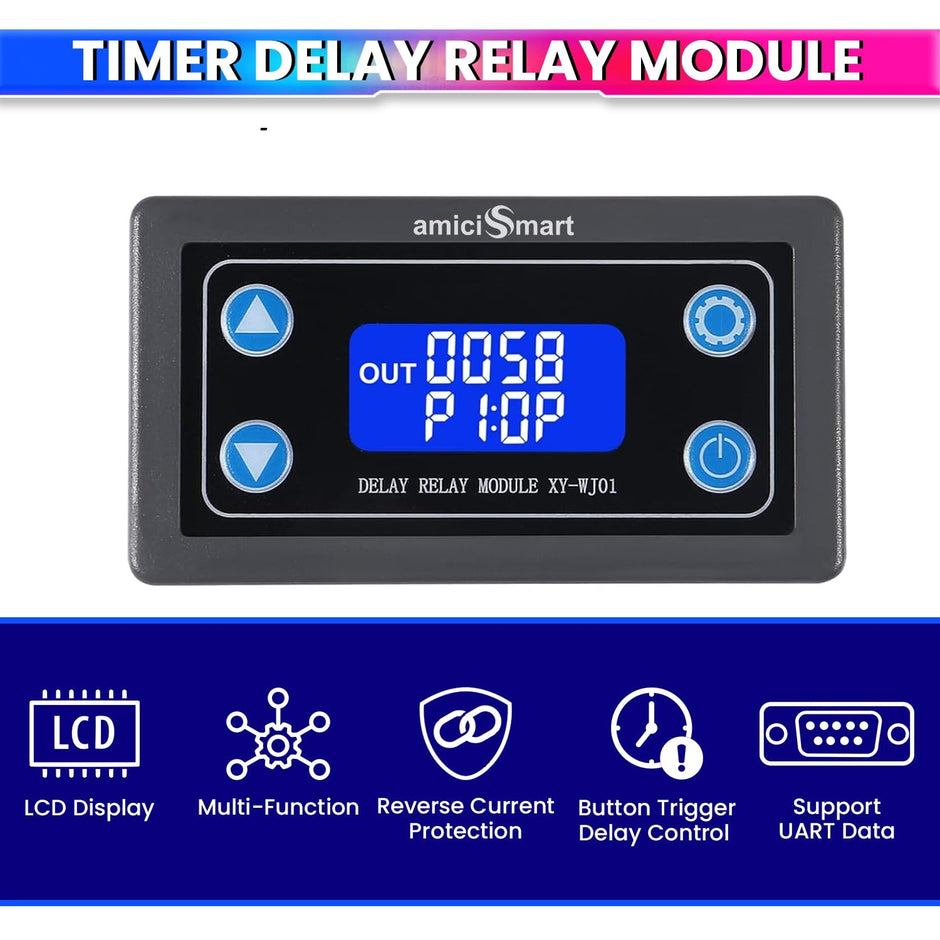 amiciSmart Programmable Timer Delay Relay Module with LCD Display, Adjustable 0.01s~9999 Timing, Trigger Delay Control with UART Data Upload (6-30VDC)