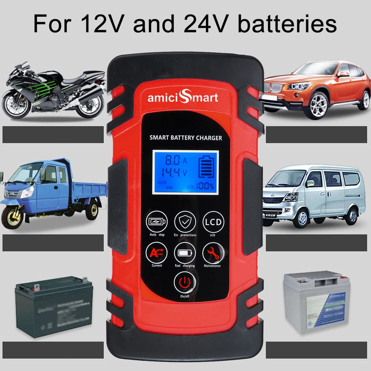 8A Automatic Car Battery Charger, 4-Stage Intelligent Battery Maintainer (12V/24V-Lead Acid Battery)
