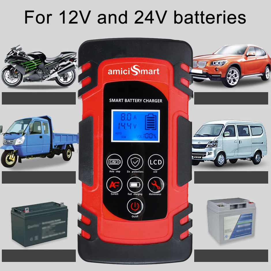8A Automatic Car Battery Charger, 4-Stage Intelligent Battery Maintainer (12V/24V-Lead Acid Battery)
