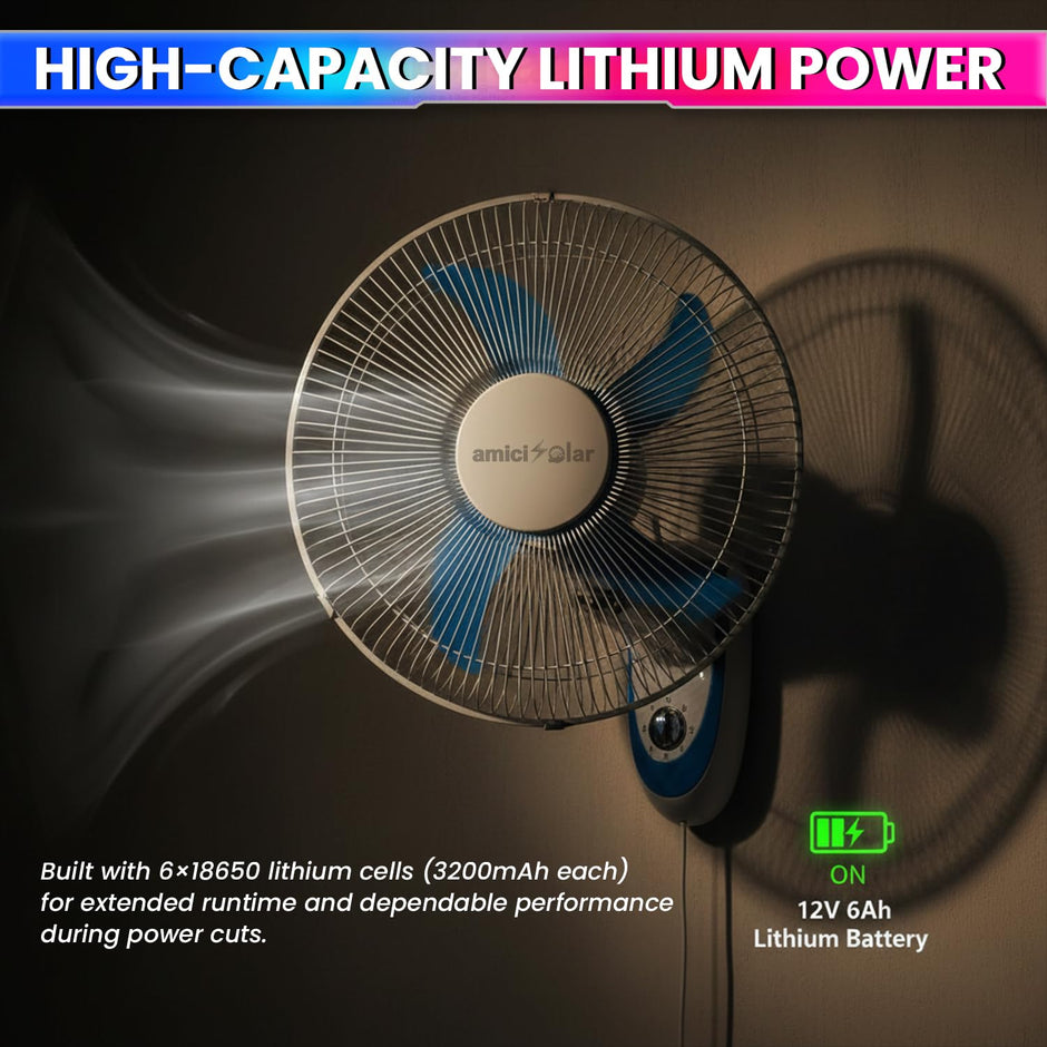 16-Inch BLDC Wall Mounted Rechargeable Fan with 12V 6.4Ah Lithium Battery | Dual Power AC/DC Fan