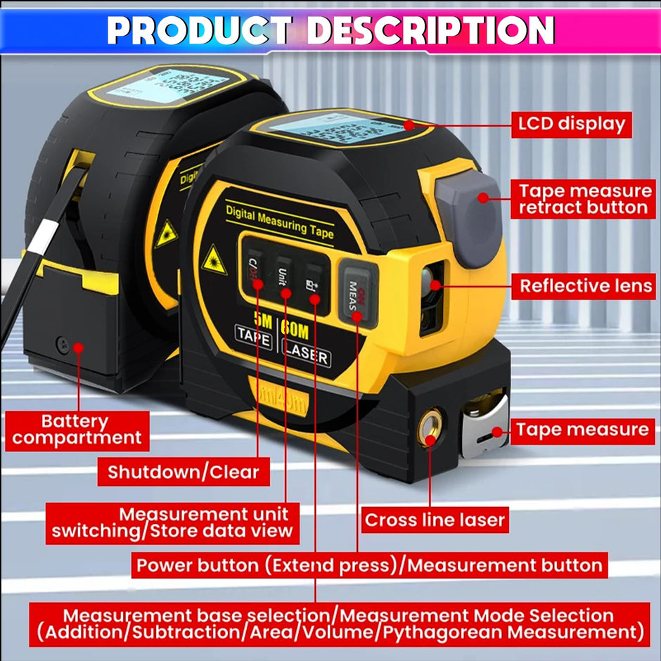 3-in-1 Laser Distance Meter – 60m Laser, 5m Tape, 10m Cross Line with Memory 20 Measurement Storage amiciKart