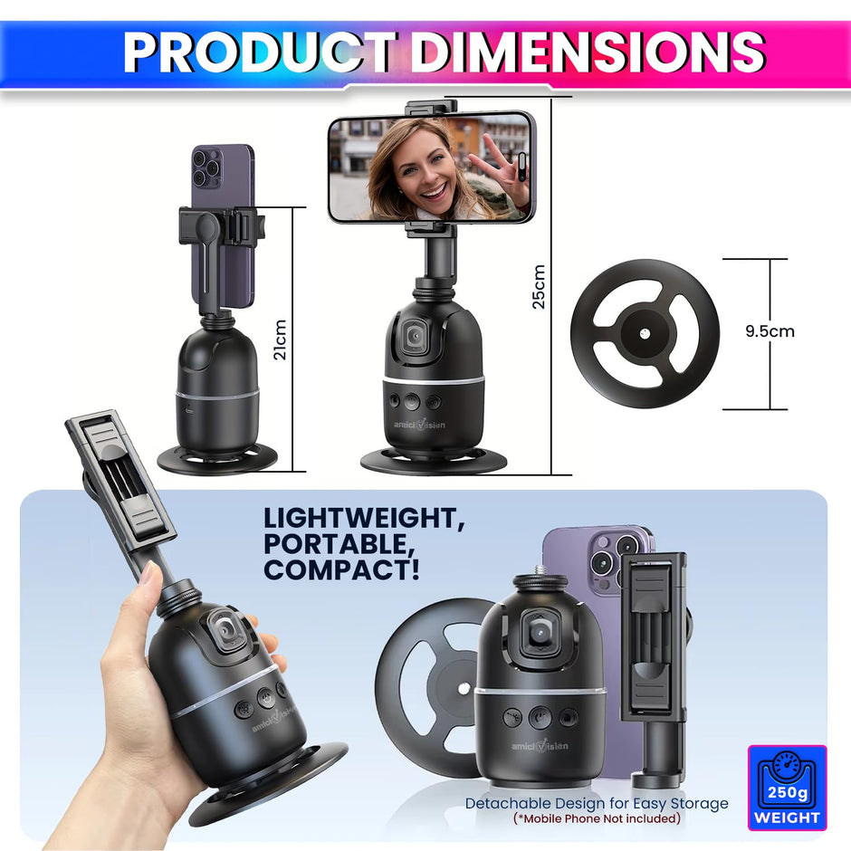 360° AI Face Tracking Phone Mount with Gesture Control – USB-C Rechargeable amiciKart