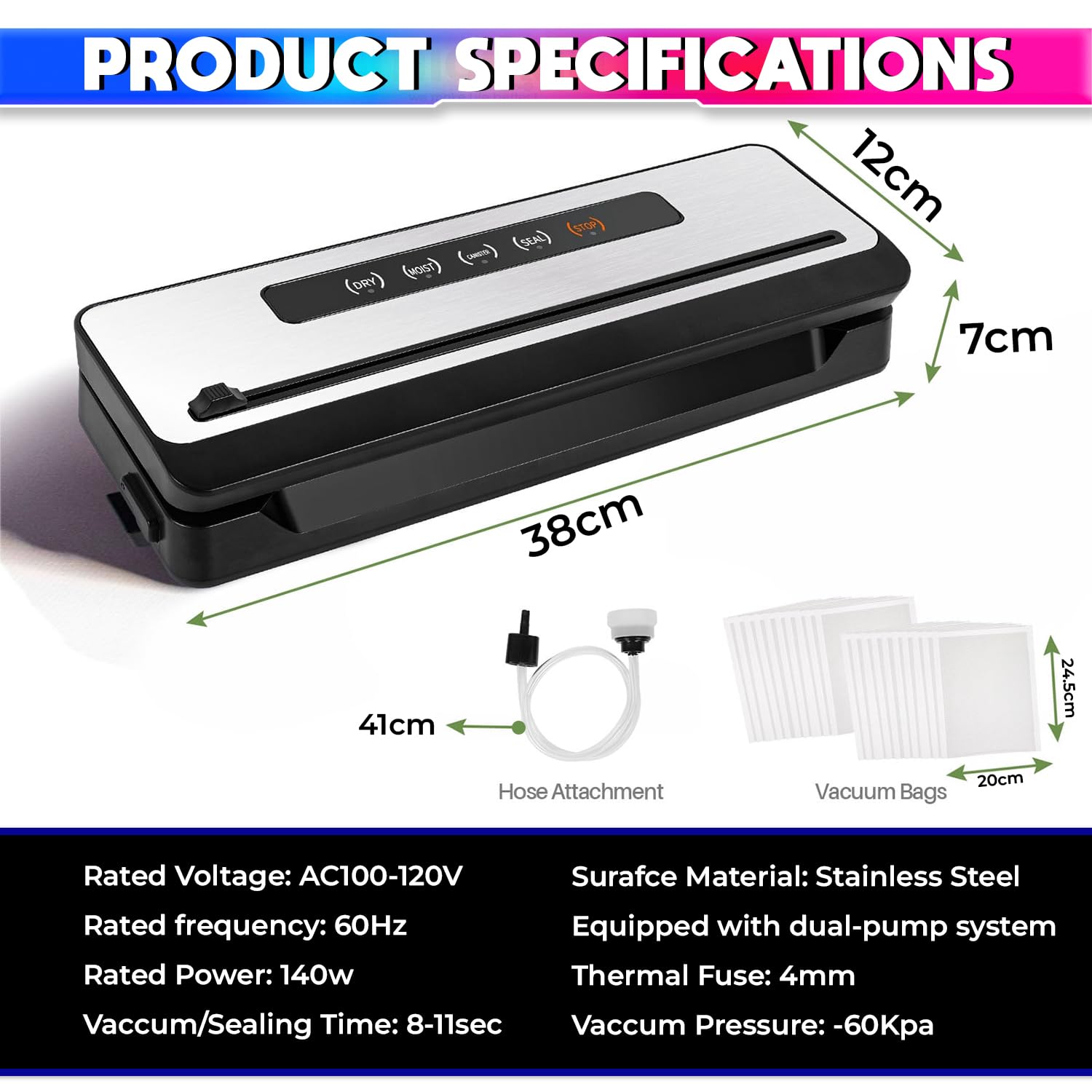 Vacuum Sealing Machine. 60kPa Automatic Food Packing with 20Pc Sealing Bags amiciKart