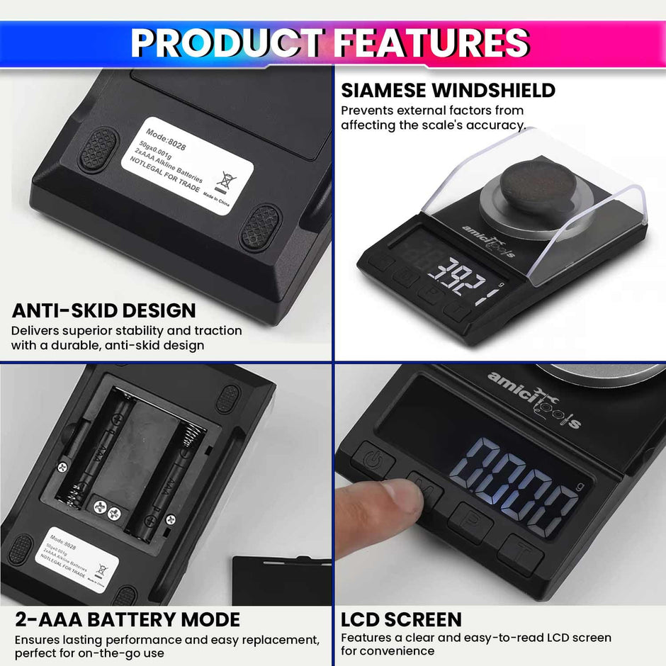 amiciTools High Precision LCD Digital Scale Powder Gold Jewelry Medicinal Herbs Weighing Electronic Pocket Scales with 2xAAA Battery