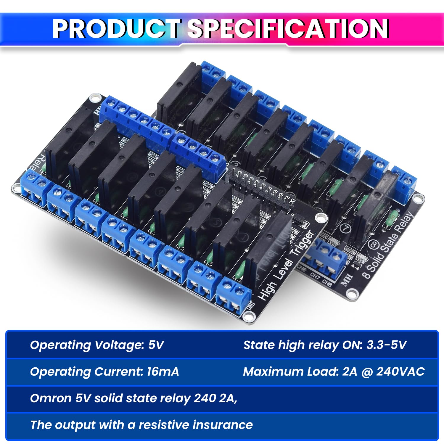 5V Relay 8-Channel Module High-Level Solid State Relay Board for Uno, Raspberry Pi 240V 2A AC Load Control