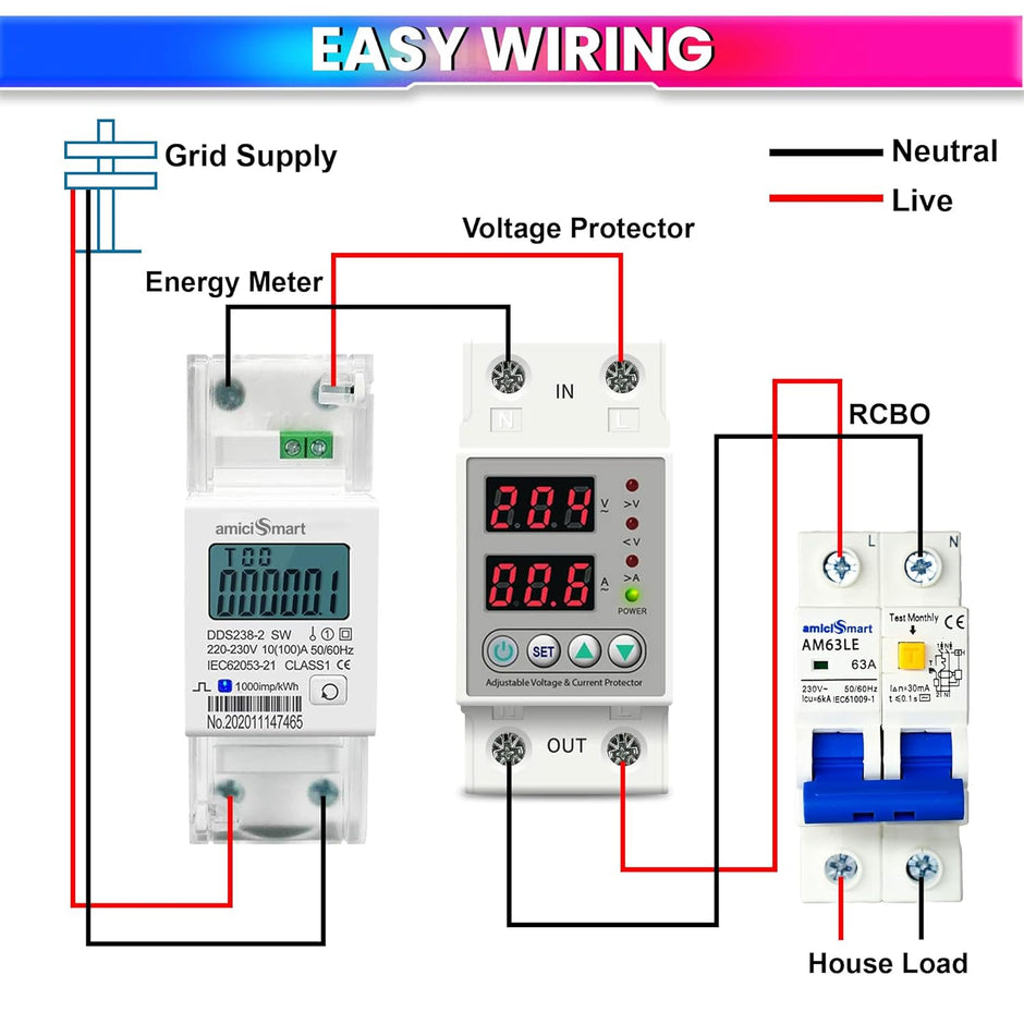 amiciSmart Automatic Over/Under Voltage & Over Load Protection with Auto Re-Connect LED Display Din-Rail Mounted Single Phase 220V, 63A(13.8kW)