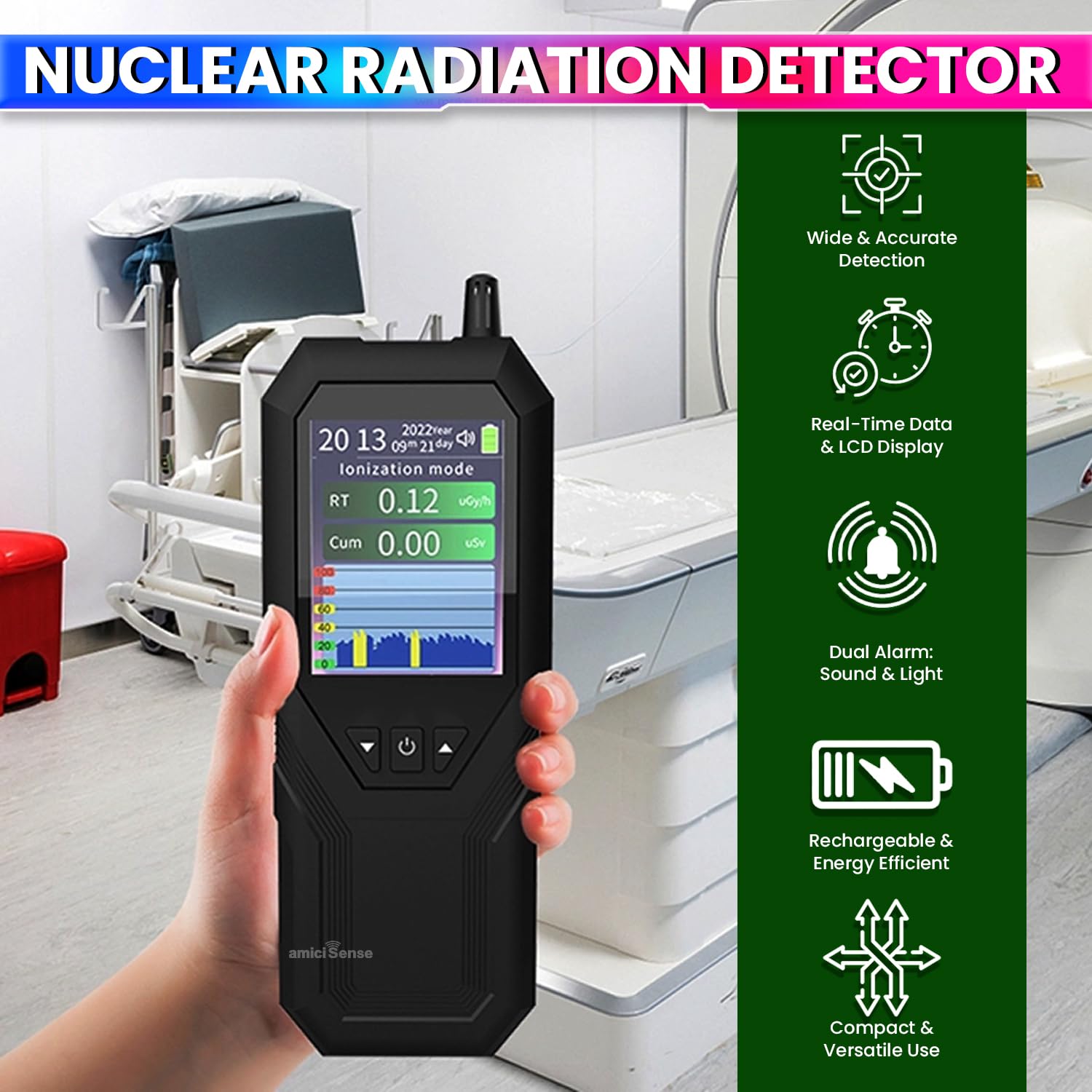 Nuclear Radiation Detector Handheld Geiger Counter with LCD Display, Real-Time Monitoring, Built-in Alarm & Rechargeable Battery