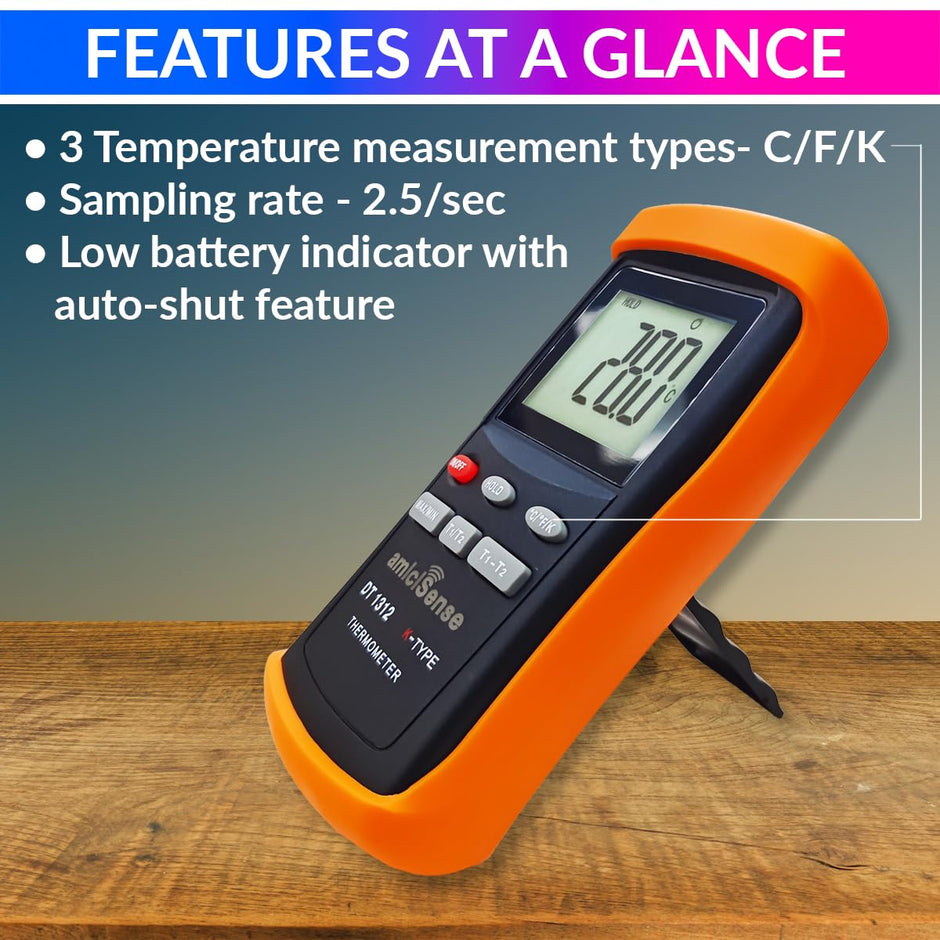 2-Channel K-Type Thermocouple Thermometer, -200°C to 1370°C, High Precision Handheld Temp Meter with 4×AAA Batteries