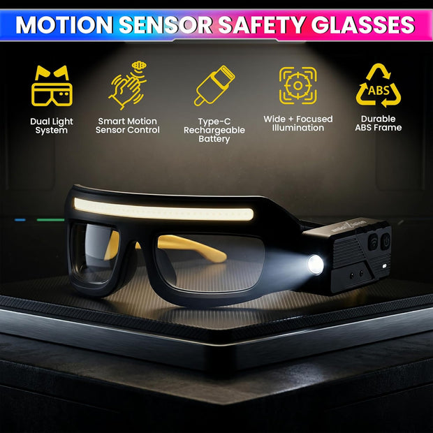 LED Safety Glasses with Dual Light (COB + Spotlight) | Motion Sensor Hands-Free Work Goggles
