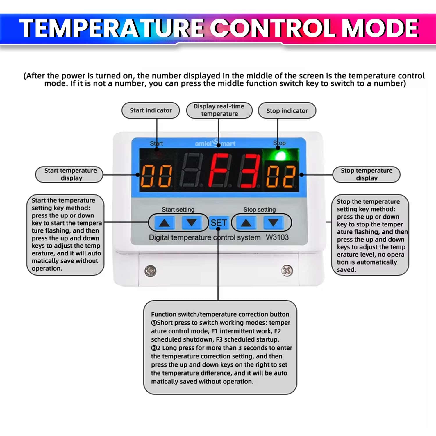 W3103 Digital Temperature Controller – 220V, 30A, -19~99℃, 5000W, with Sensor | Home & Industrial Use amiciKart