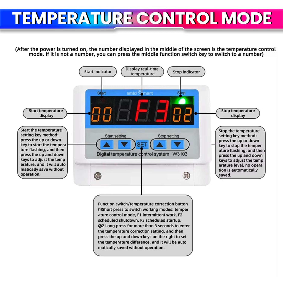 W3103 Digital Temperature Controller – 220V, 30A, -19~99℃, 5000W, with Sensor | Home & Industrial Use amiciKart