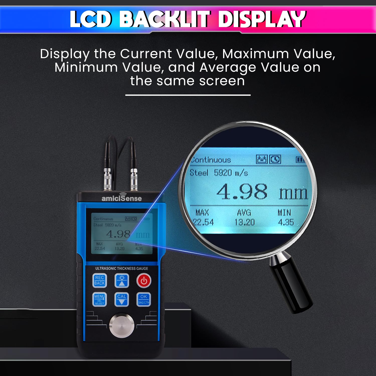 Professional Ultrasonic Thickness Gauge , Precision Measurement Range 0.8mm to 500mm,Microprocessor Controlled with Adjustable Velocity amiciKart