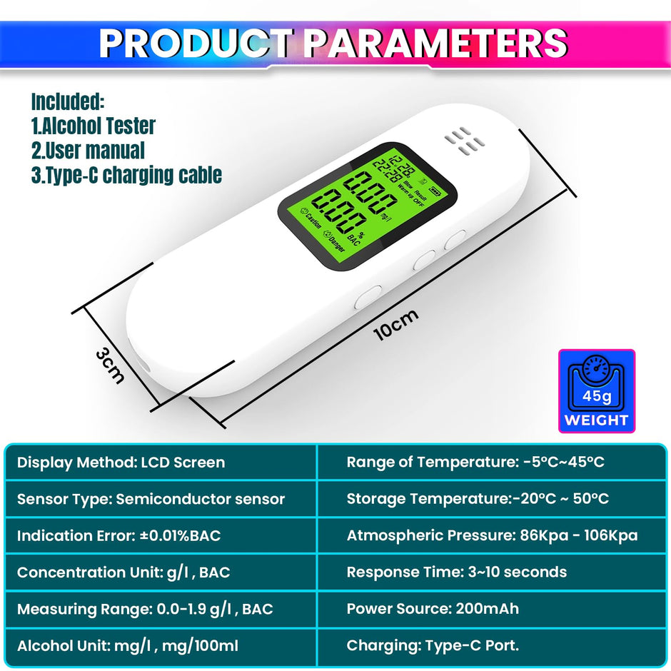 Handheld Alcohol Tester with Advanced Sensor & Data Download, USB Rechargeable
