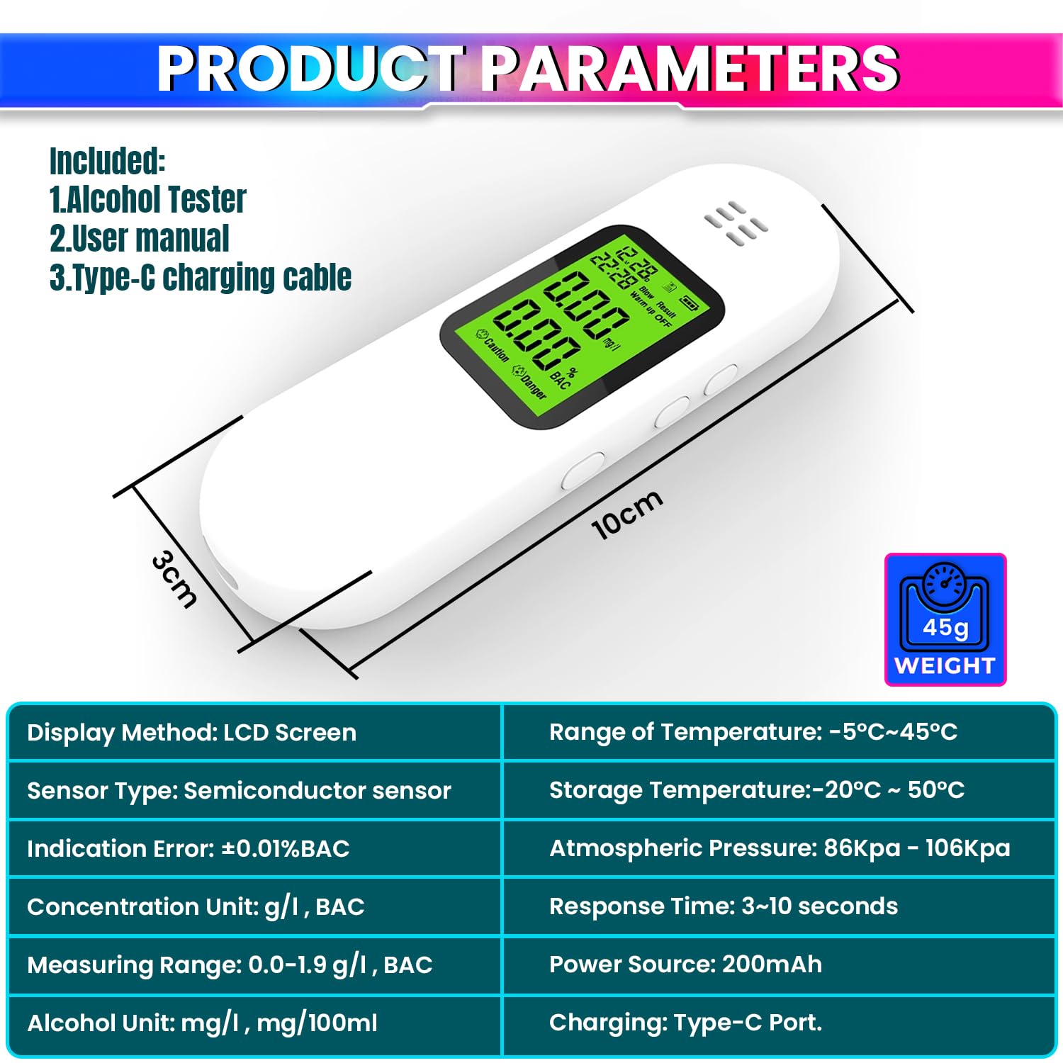 Handheld Alcohol Tester with Advanced Sensor & Data Download, USB Rechargeable