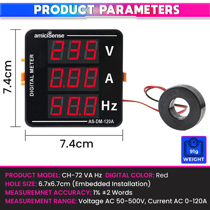 120A AC Voltmeter Ammeter, 3 In 1 Digital Meter 50-500V Voltage Tester With Frequency And Current Test