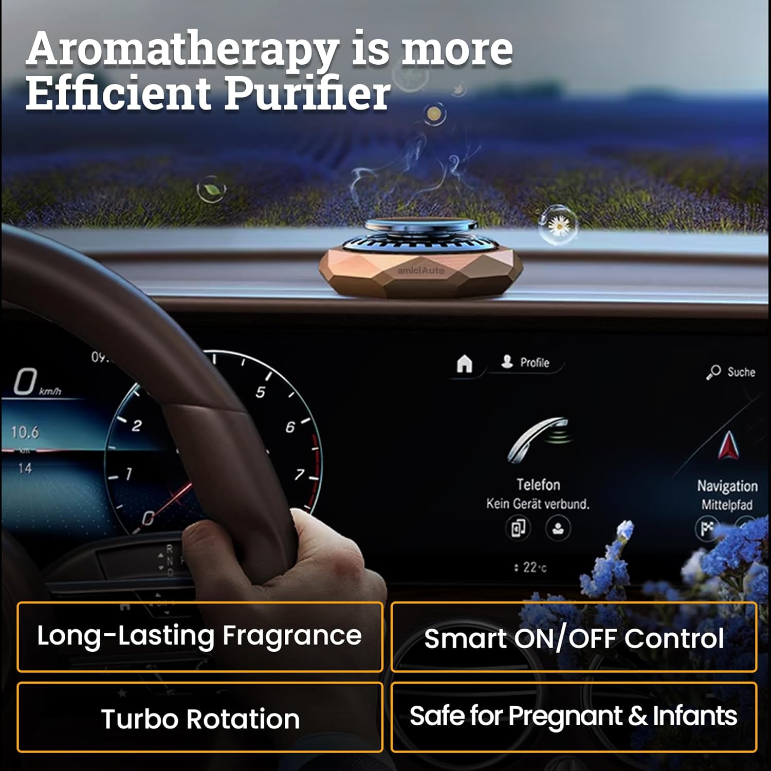 Rotating Car Air Freshener with Natural Walnut Body, Solar Powered Aromatherapy Diffuser