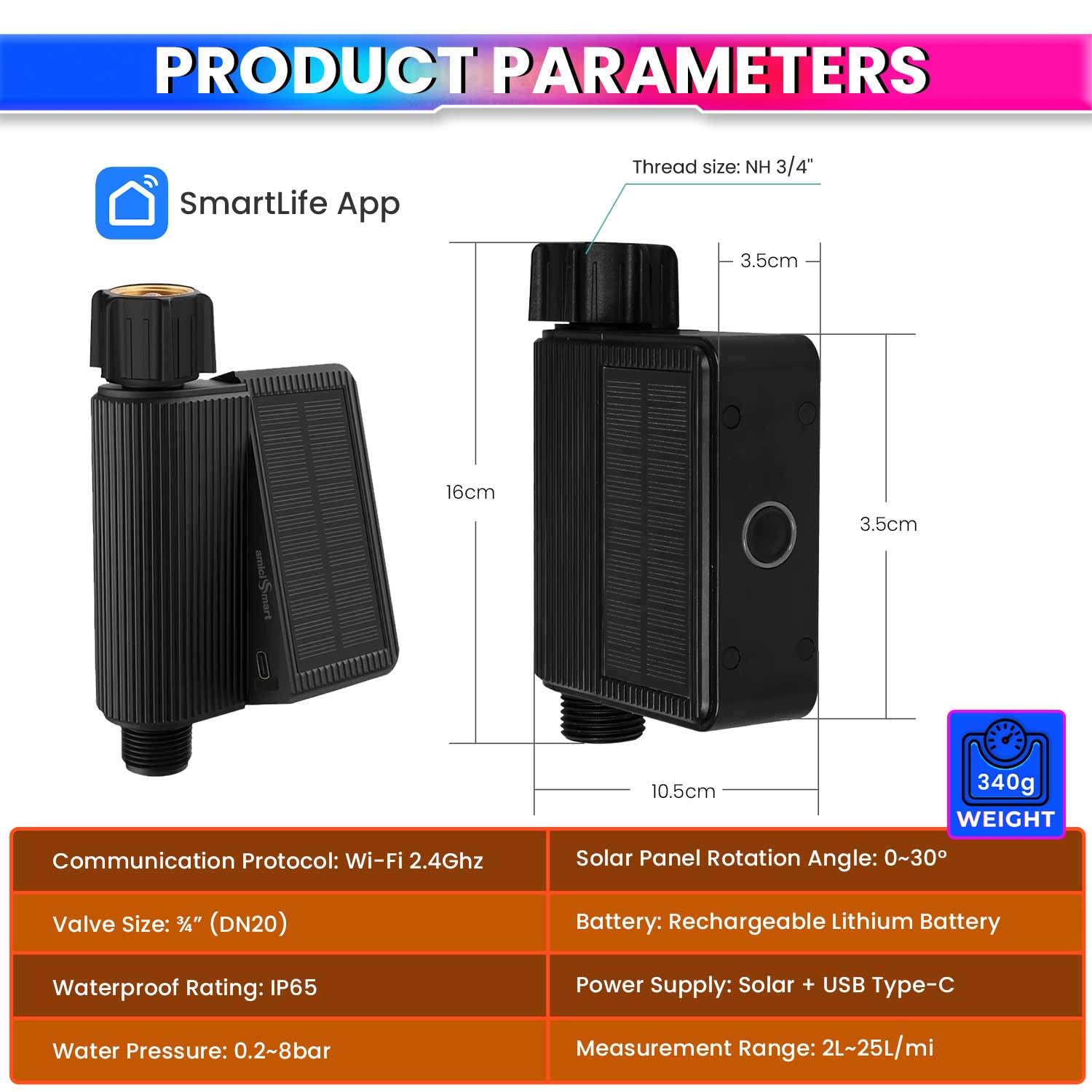 WIFI Smart Solar Water Timer & Irrigation Controller DN20 Valve, IP65 Waterproof, Solar + Type-C Rechargeable, Smart Automated Garden Watering amiciKart