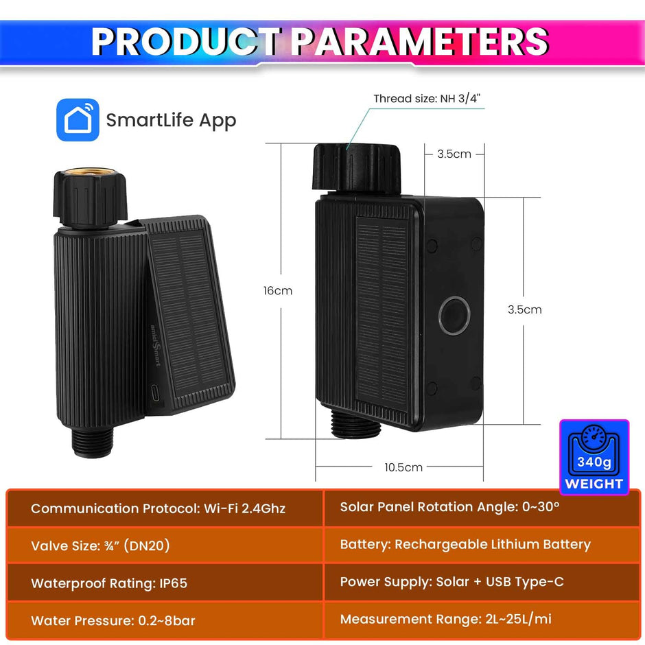 WIFI Smart Solar Water Timer & Irrigation Controller DN20 Valve, IP65 Waterproof, Solar + Type-C Rechargeable, Smart Automated Garden Watering amiciKart