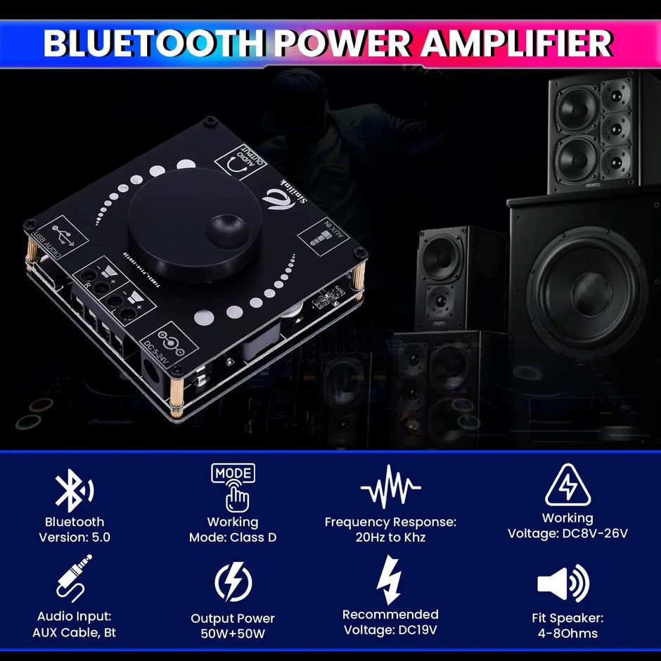 Mini Wireless Bluetooth 5.0 Amplifier – 50W+50W Dual Channel, DC 5–27V Audio Amplifier Module with AUX/USB/U-Disk Input