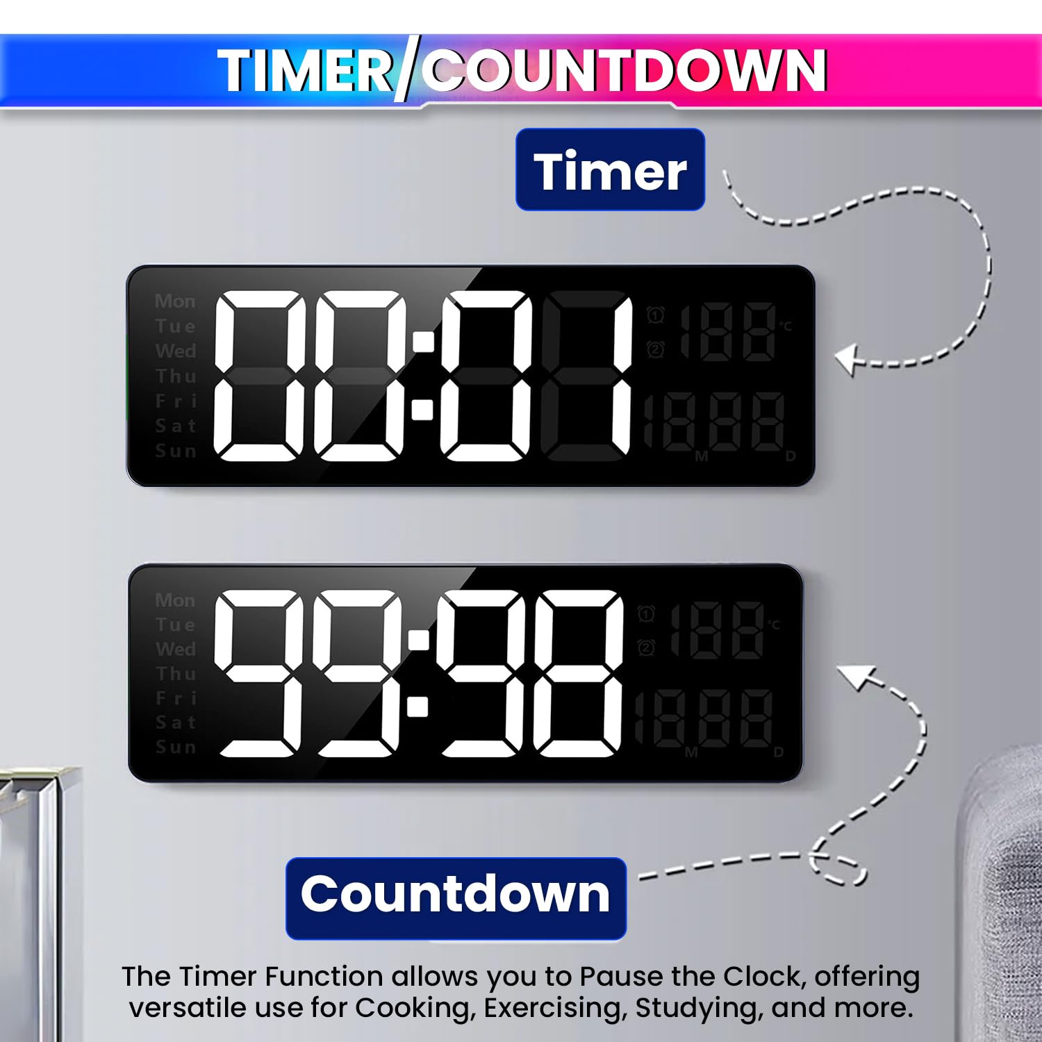 Remote Controlled LED Wall Clock - Day Date Month Temperature Display | Dual Alarm
