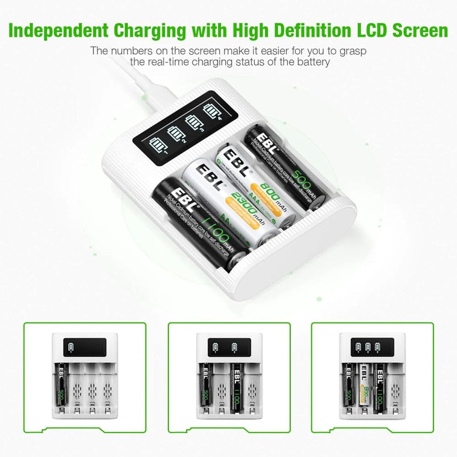 4-Bay AA/AAA Battery Charger with LCD Display – Type-C & Micro USB Input