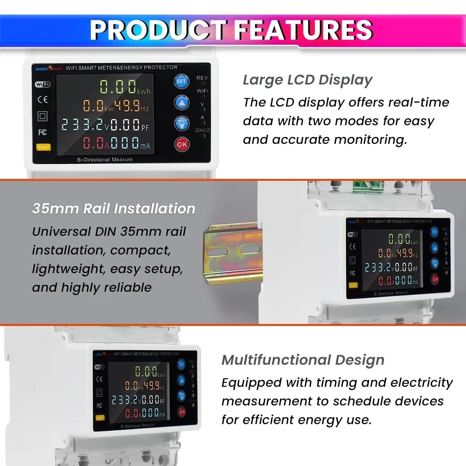 WiFi Bi-Directional Energy Meter 80A Single Phase Adjustable Over/Under Voltage, Current & Leakage Protection Auto Reconnect