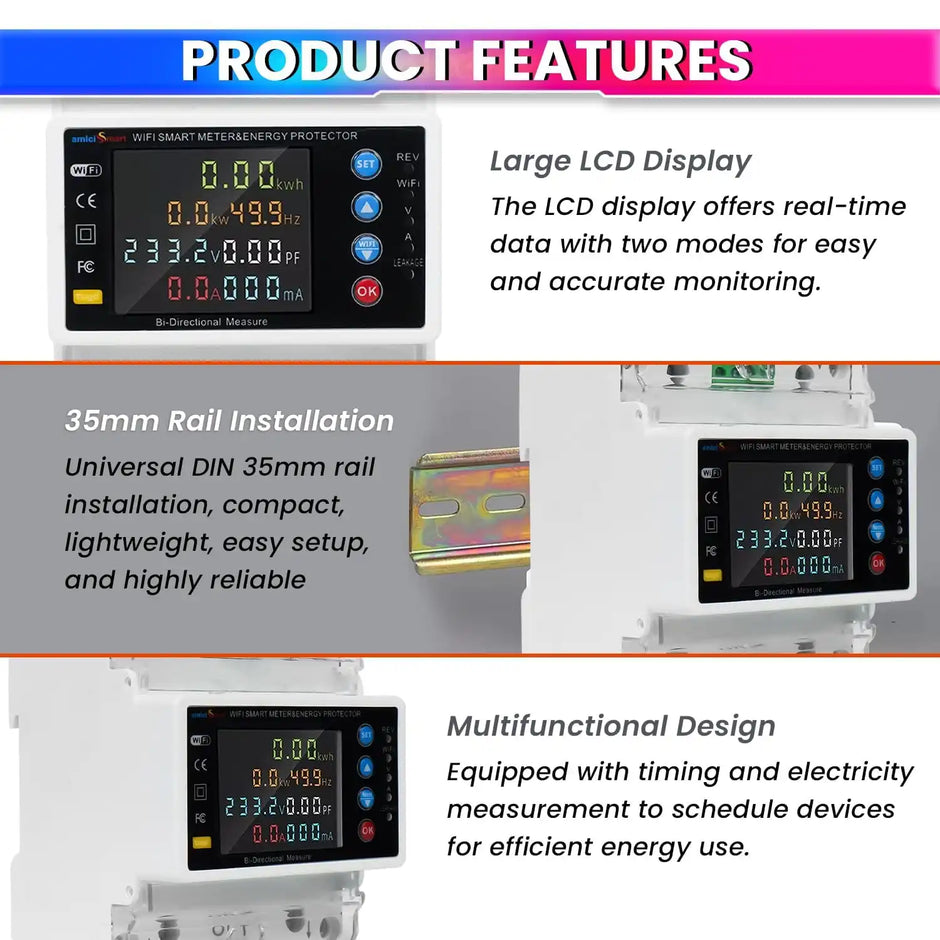 WiFi Bi-Directional Energy Meter 80A Single Phase Adjustable Over/Under Voltage, Current & Leakage Protection Auto Reconnect