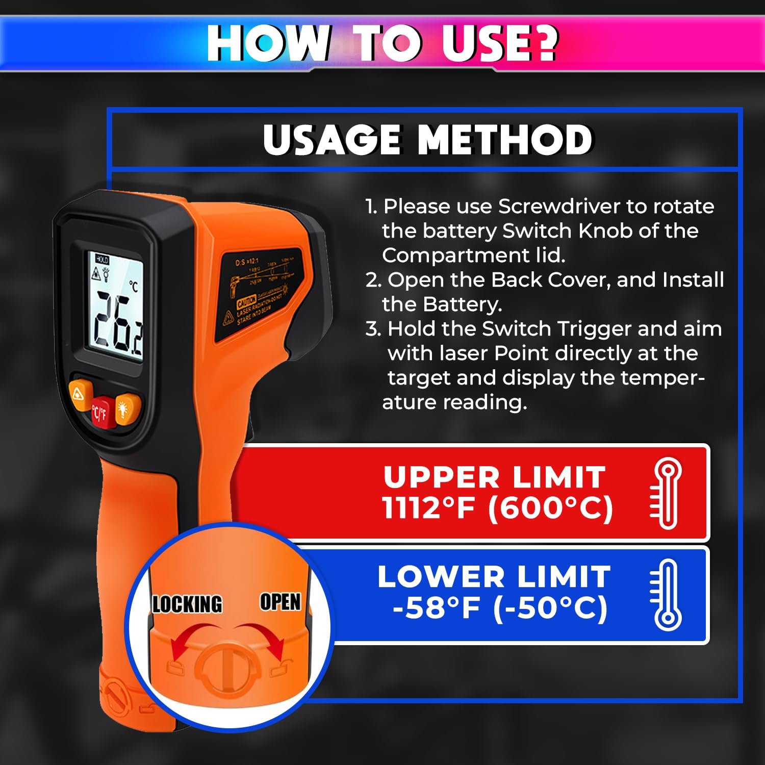 Infrared Thermometer for Industrial Use, -50°C to 600°C Laser Temperature Gun with Fast Measurement amiciKart