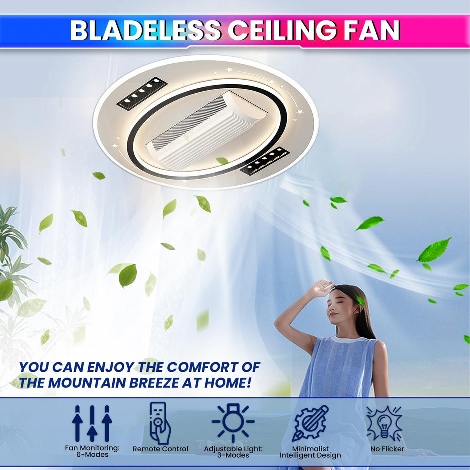 Bladeless Ceiling Fan with Integrated LED Lighting | Remote Control | Adjustable Speed & Brightness