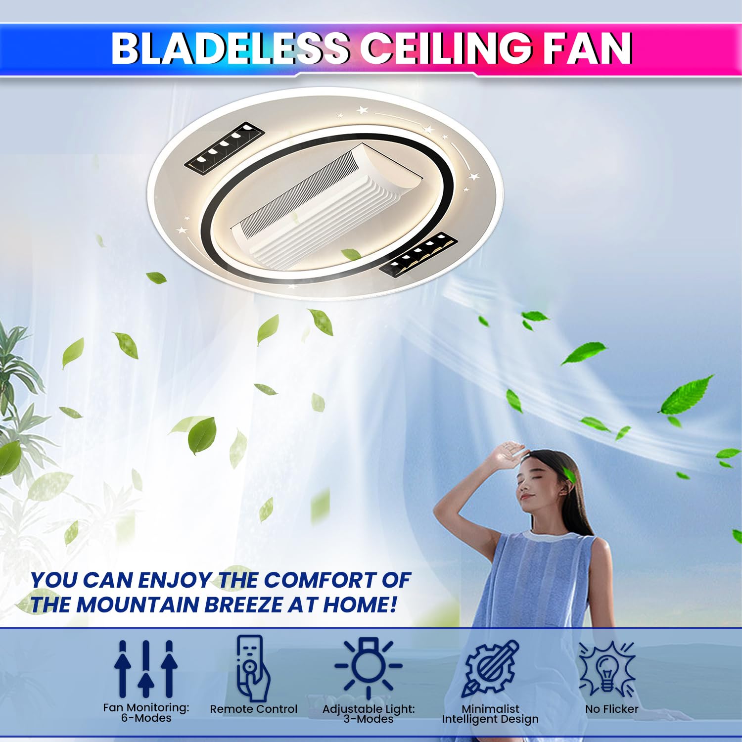 Bladeless Ceiling Fan with Integrated LED Lighting | Remote Control | Adjustable Speed & Brightness