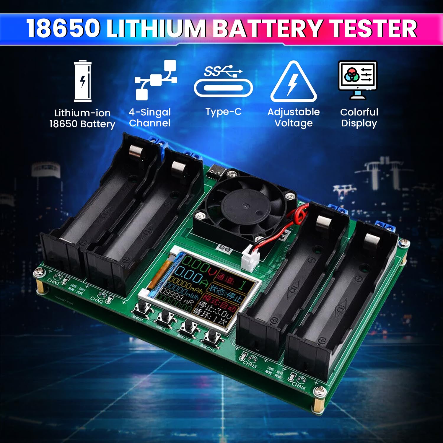 4-Slot Battery Capacity Tester for 18650 Battery Type, Digital Battery Power Detector Module