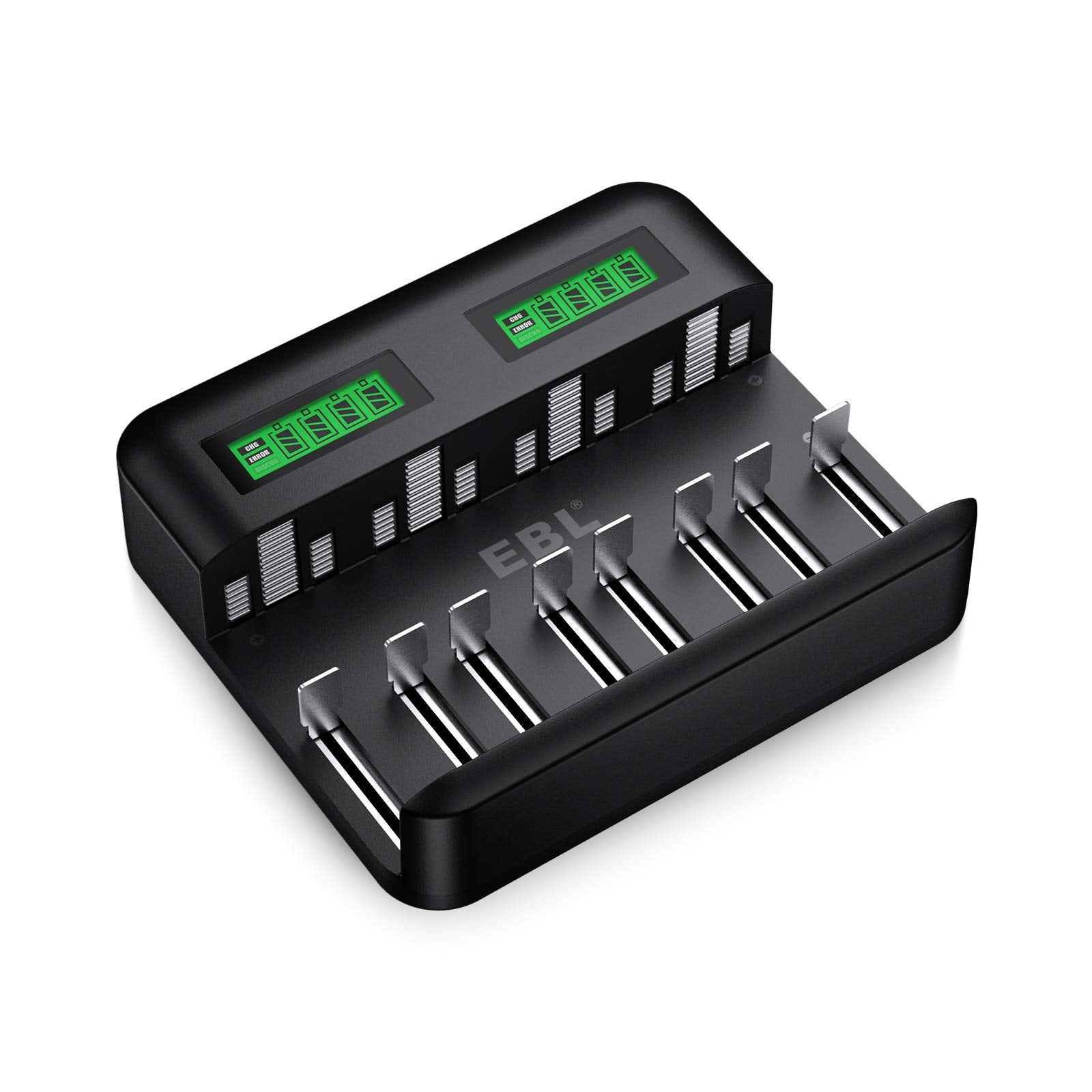 EBL LCD Universal Battery Charger - 8 Bay AA AAA C D Battery Charger for Rechargeable Batteries with 2A USB Port, Type C Input, Fast Battery Charger