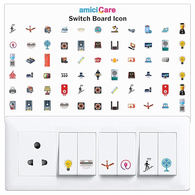 Switch Board Stickers – 42 Designs with 442 Icons, Water-Resistant Self-Adhesive Labels